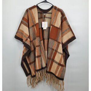 Max Studio Checkered Kimono Poncho Wraps Women Size OS NWT Brown Fall Cozy
